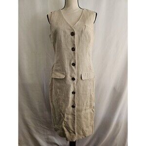 NY Sake Dress Women’s Size 6 Linen Blend Button Front Beige Sleeveless Pockets